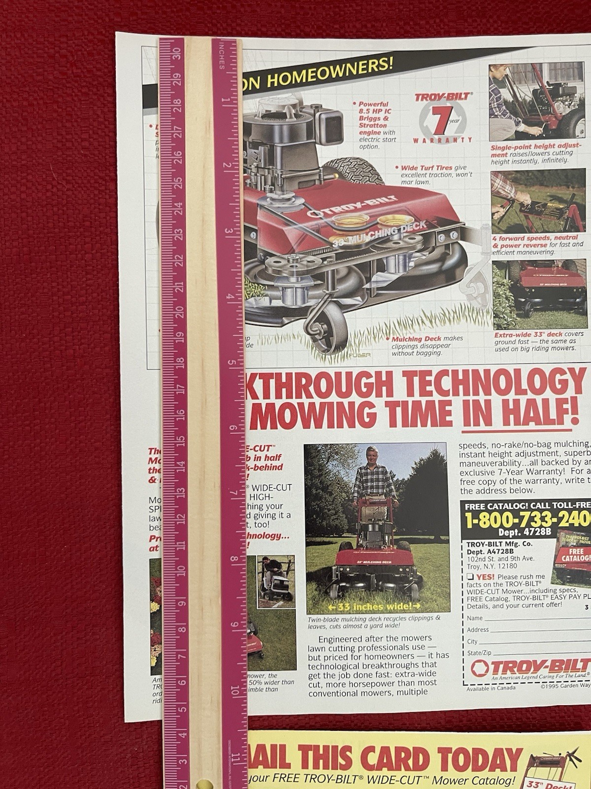 Vintage 1995 Troy Bilt Wide Cut Mower Print Ad Walk Behind Mower Advertisement