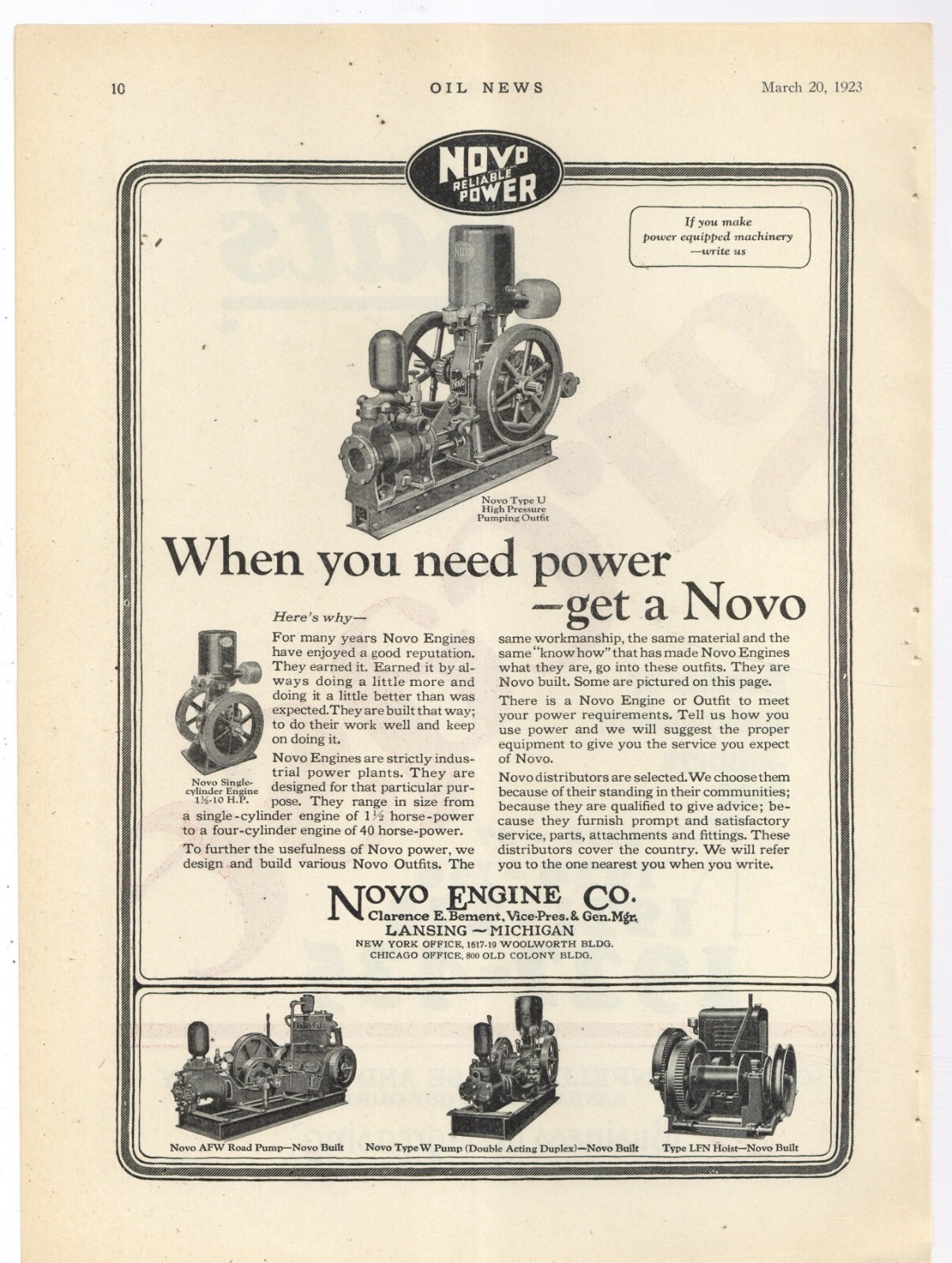 1923 Novo Engine Co. Ad: Type U High Pressure Pumping Outfit Featured – Lansing