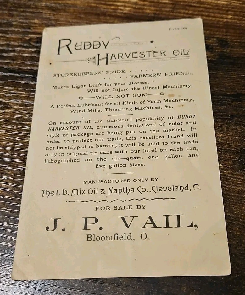 Ruddy Harvester Oil Trade Card c1880 Farm Machinery Windmill Threshers 3.5×5.5