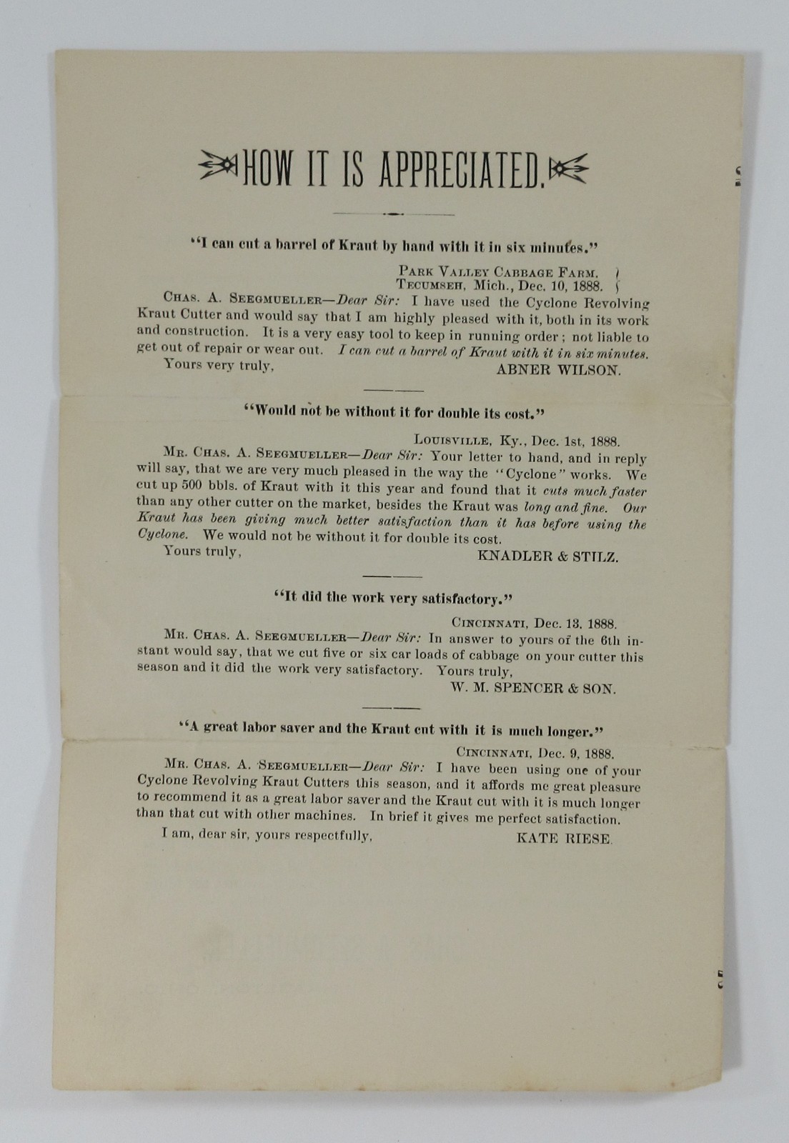 Cyclone Sauerkraut Cutter Brochure Farm Steam Engine Accessory Hamilton OH 1889