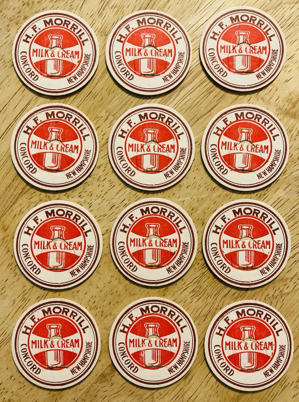 MILK BOTTLE CAP LOT OF (12)~H.F. MORRILL DAIRY FARM, CONCORD, NH. MILK & CREAM