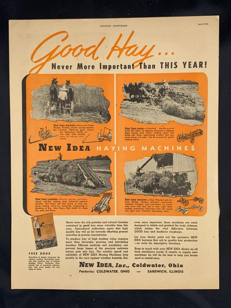 Magazine Ad* – 1944 – New Idea Farm Machines – World War 2 – Coldwater, OH -(#2)