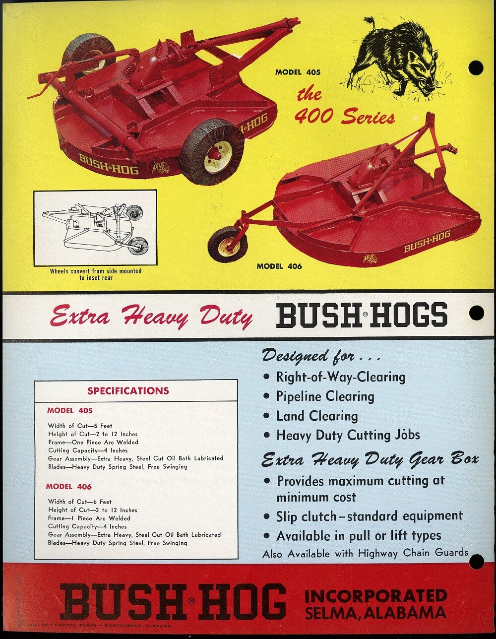 Vintage BUSH-HOG EXTRA HEAVY DUTY HIGHWAY MODELS 305 306 and 307 Spec Sheet