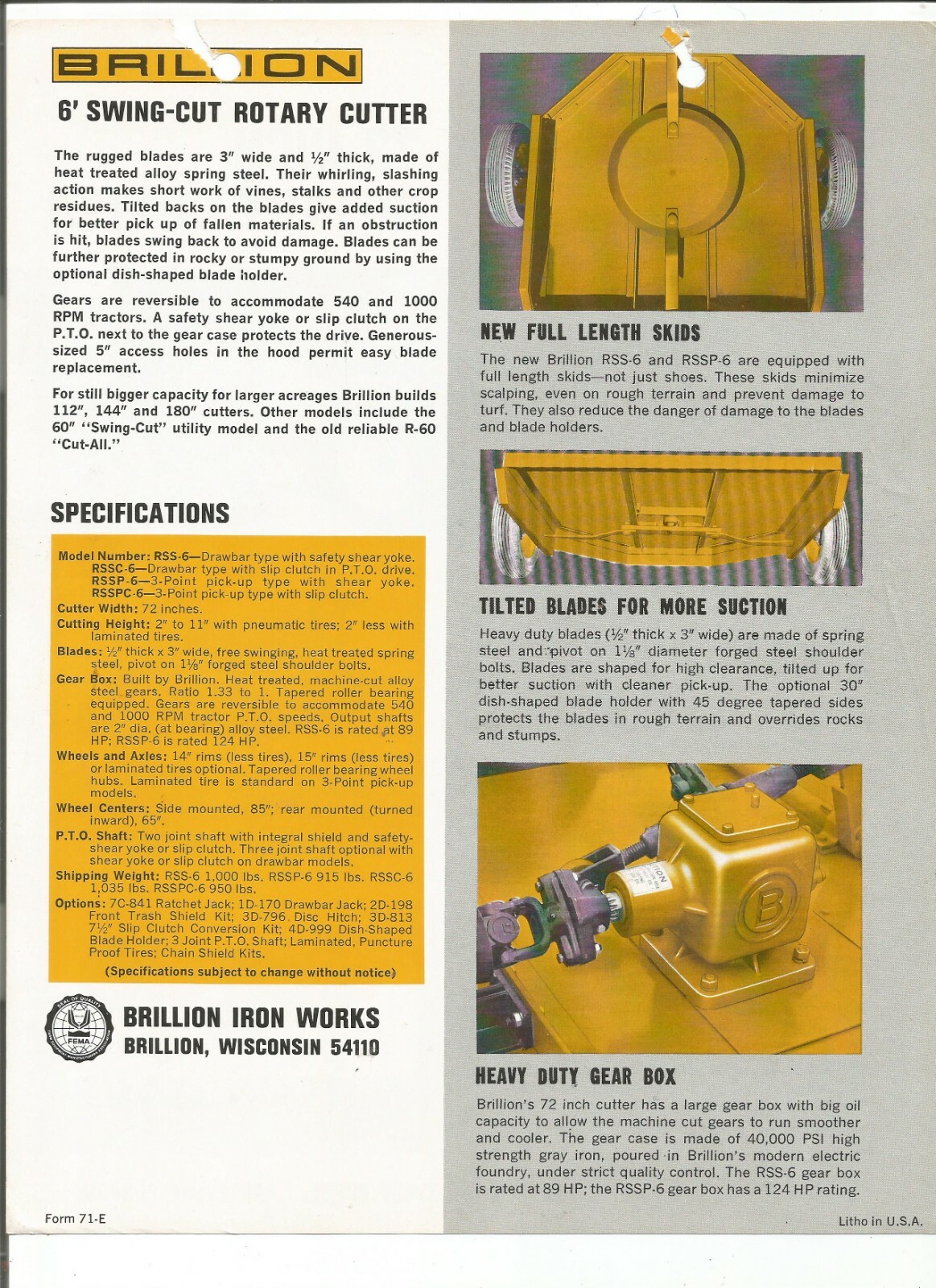 Original Brillion RSS-6 Swing-Cut 72&Prime; Rotary Cutter Sales Brochure Form No. 71-E