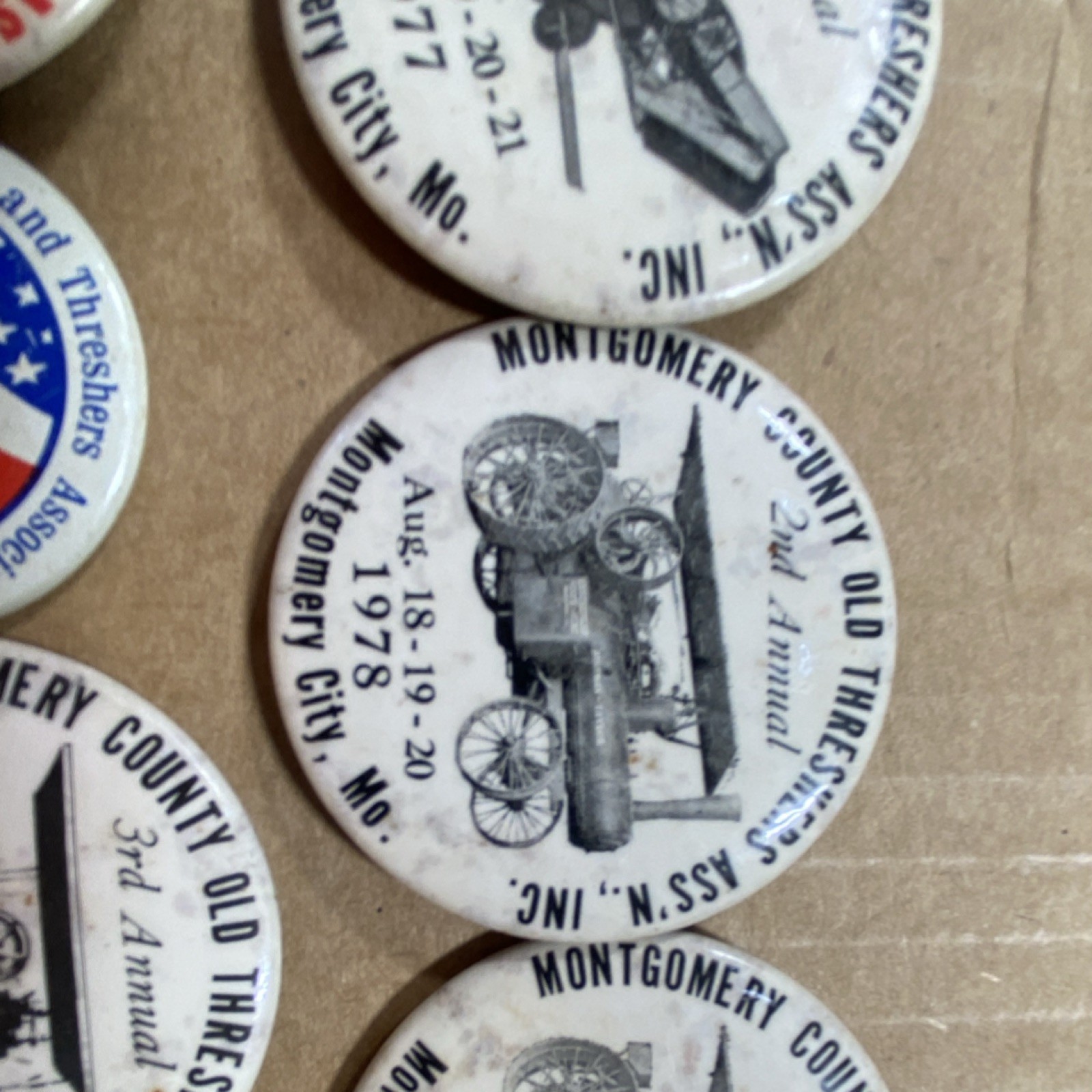 Montgomery County & Mark Twain Old Threshers Agriculture Buttons 1976-1979 Lot