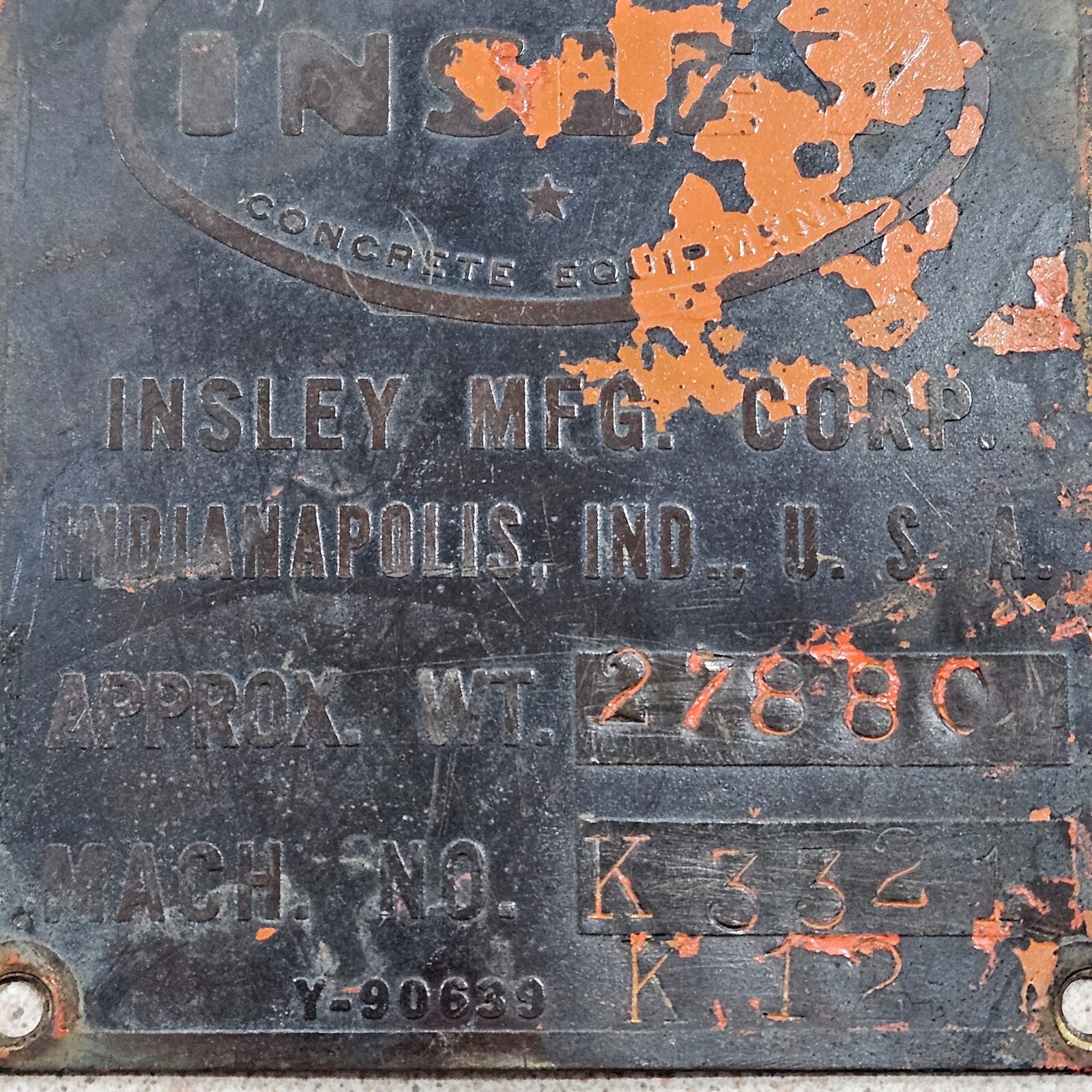 Vintage Insley Excavators Concrete Equipment Indianapolis Data Sign Badge Plate