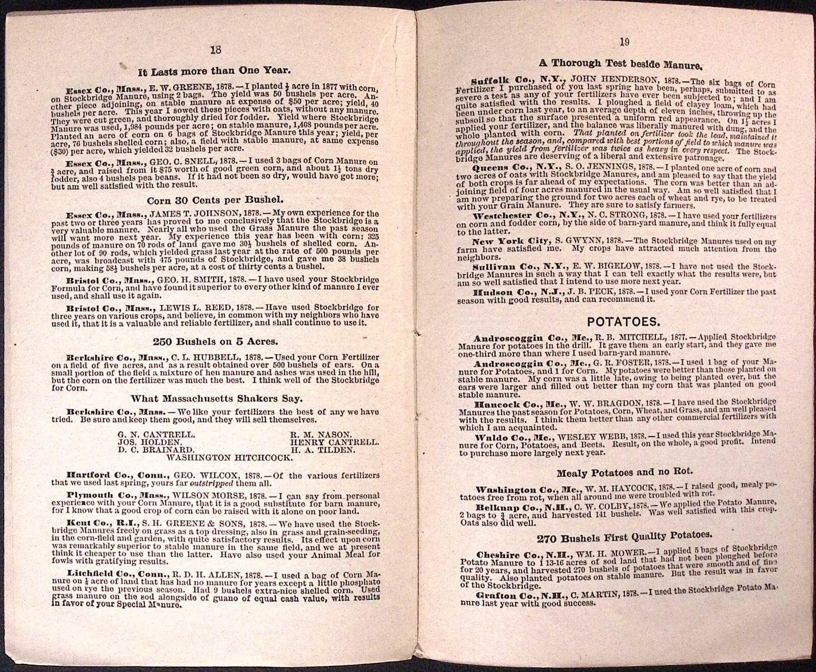 1879 Stockbridge Manures Bowker Fertilizer Co Catalog J.S. Reed & Bro Agents