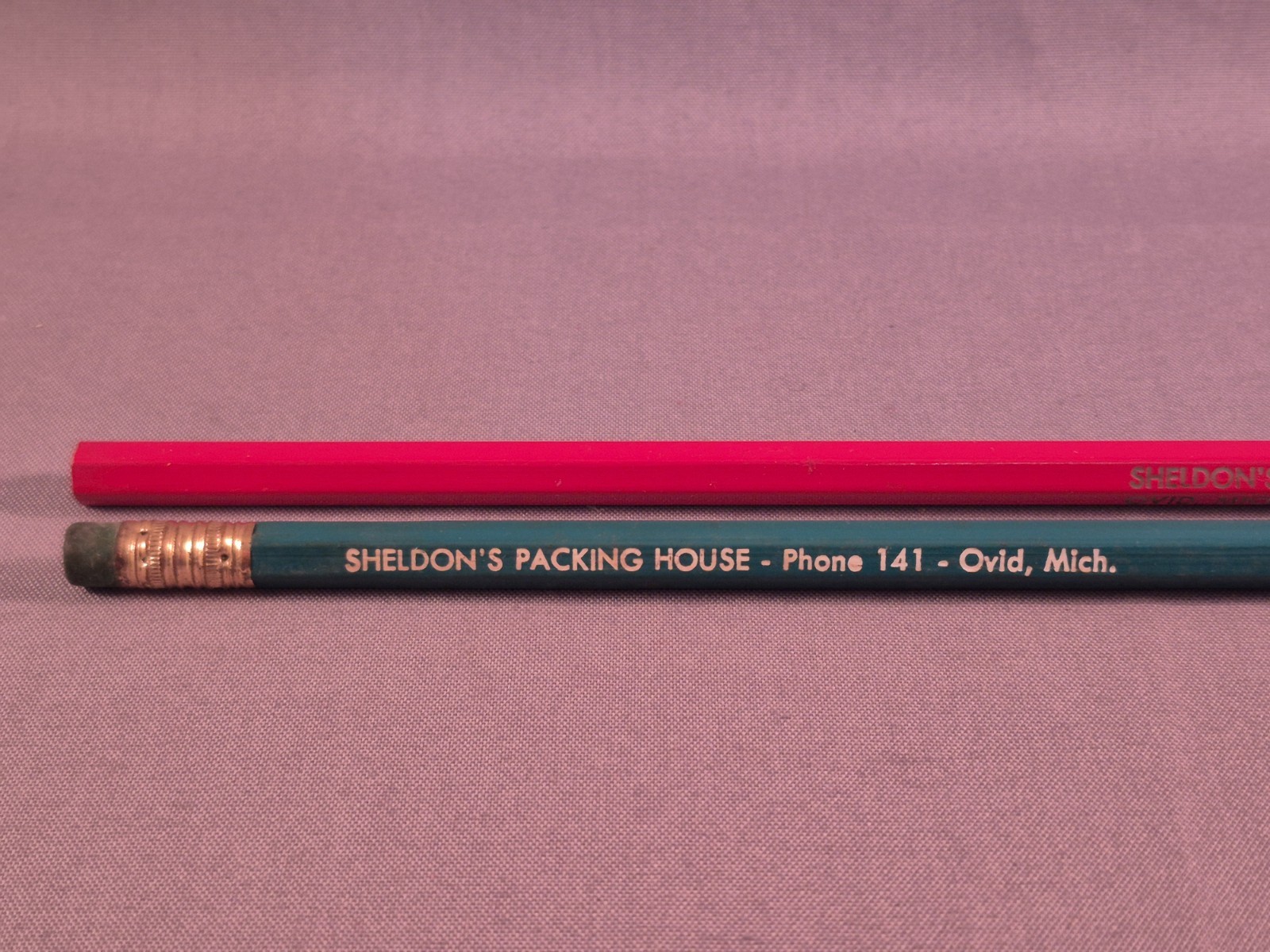 Vintage Pencil Sheldon&rsquo;s Meat Packing House Ovid MI Green Red Advertisement