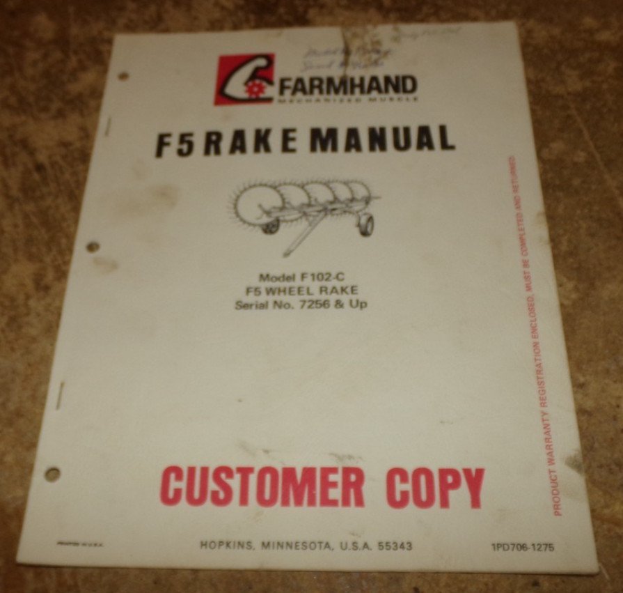 1975 farmhand F5 rake manual in good shape used