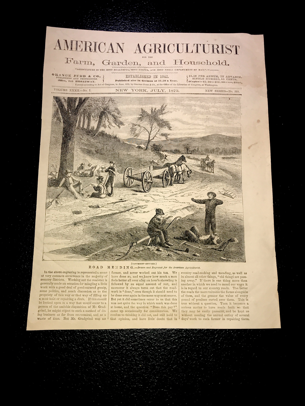 1873 ROAD MENDING Farm Engraving Advertising 8×11