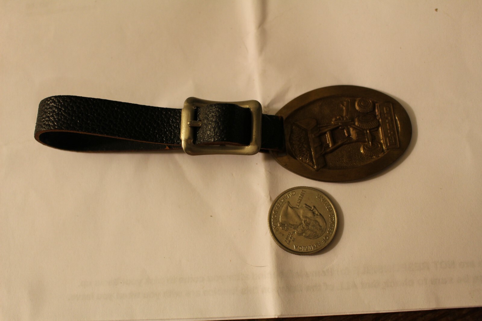 Vintage Brass Euclid Pivot Steer Loaders Key Fob/Black Leather Strap