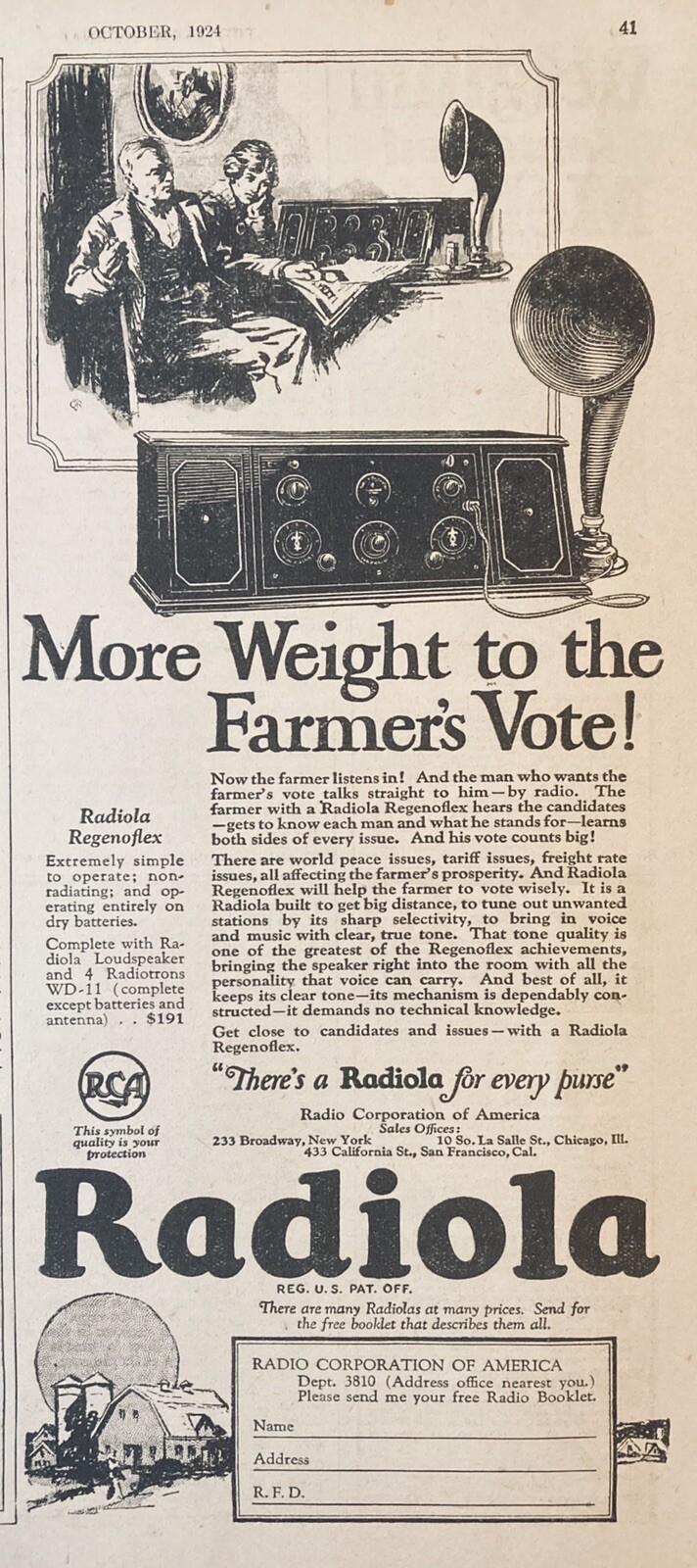 1924 AD(XG6)~RCA RADIOLA REGENOFLEX RADIO FOR THE FARM