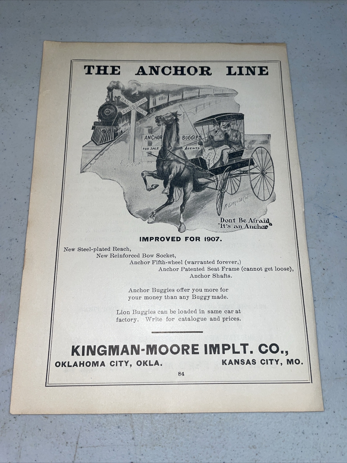 ORIGINAL 1907 Anchor Buggy / Train & Farm Advertising – Kansas City / OKC