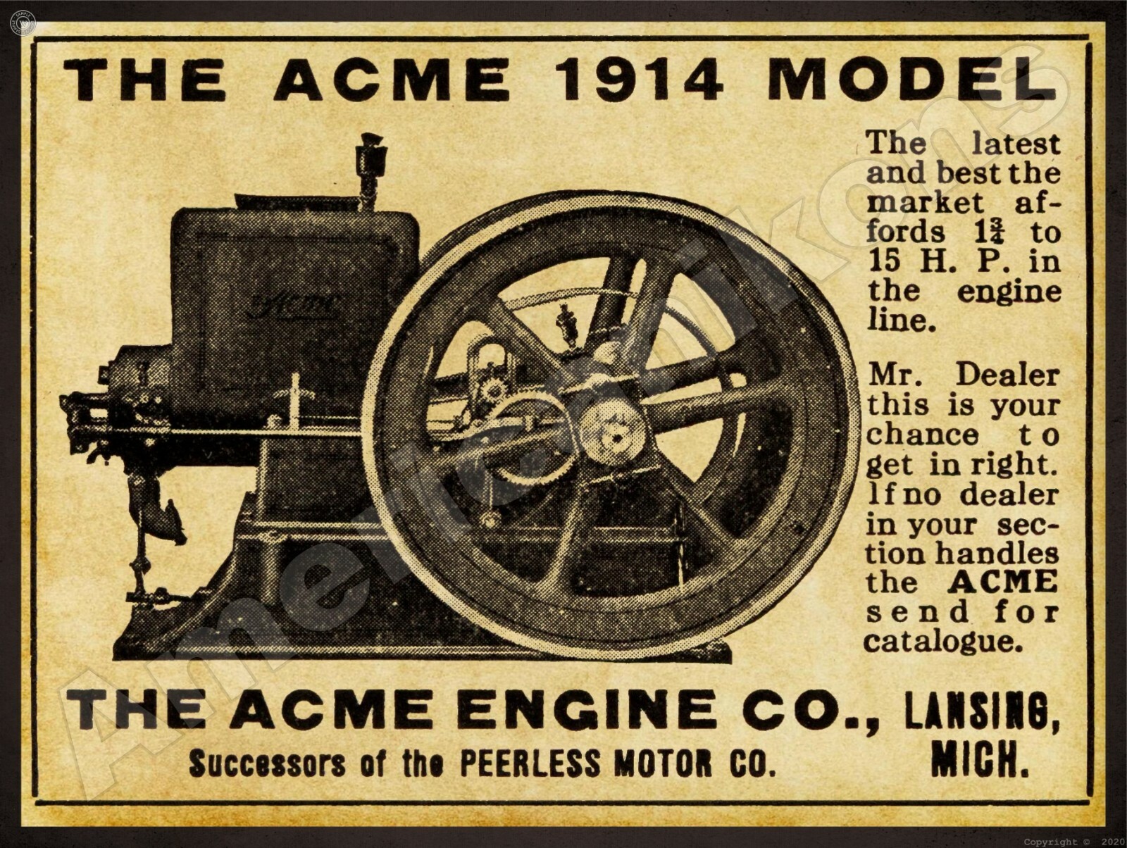 1912 ACME Gas Engine, Lansing, MI NEW Metal Sign 24&Prime;x30&Prime; USA STEEL XL Size 7 lb