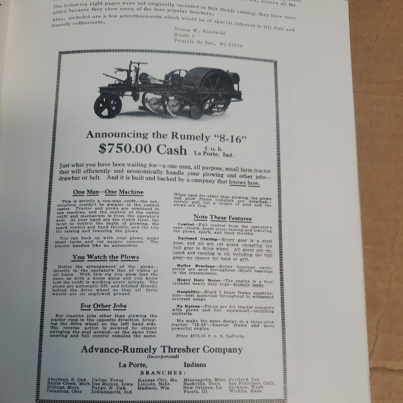 Advance-Rumley DoAll tractor book/brochure reprint by Verne Kindschi