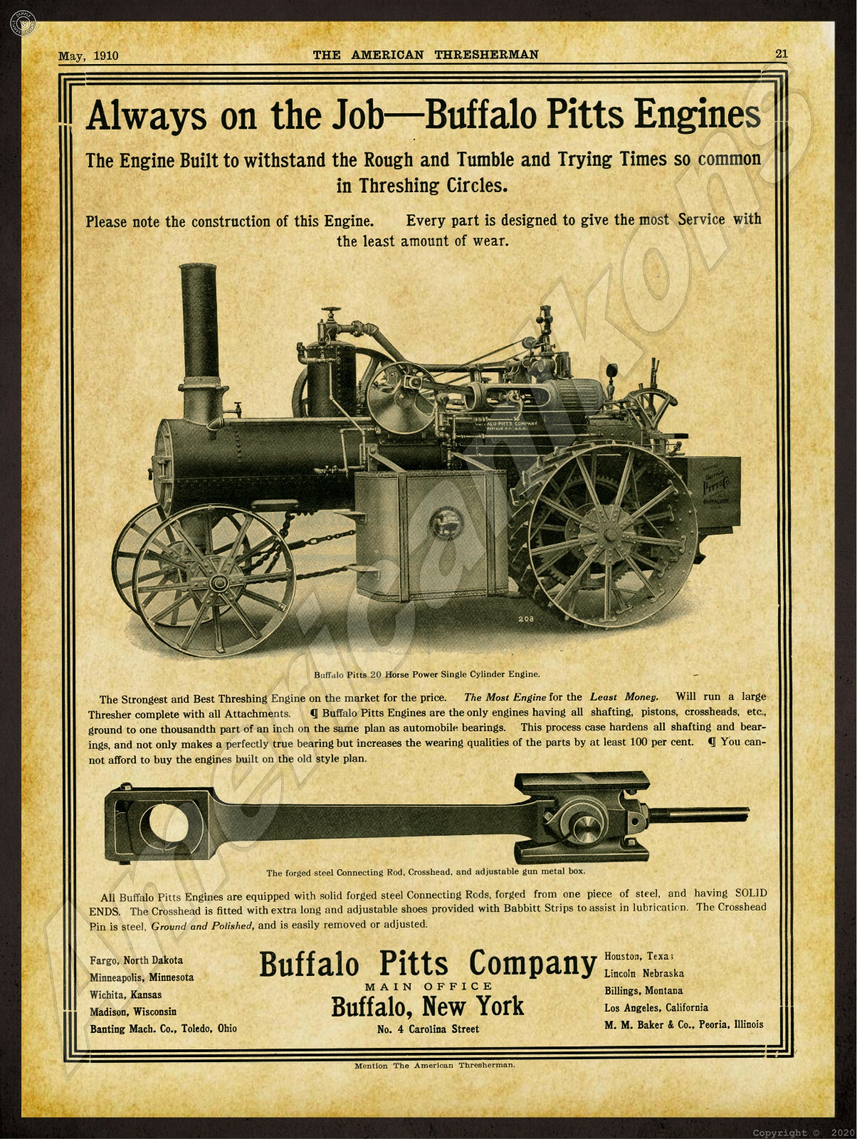 1915 Buffalo Pitts Co. New Metal Sign: 20 HP Single Cylinder Engine – New York