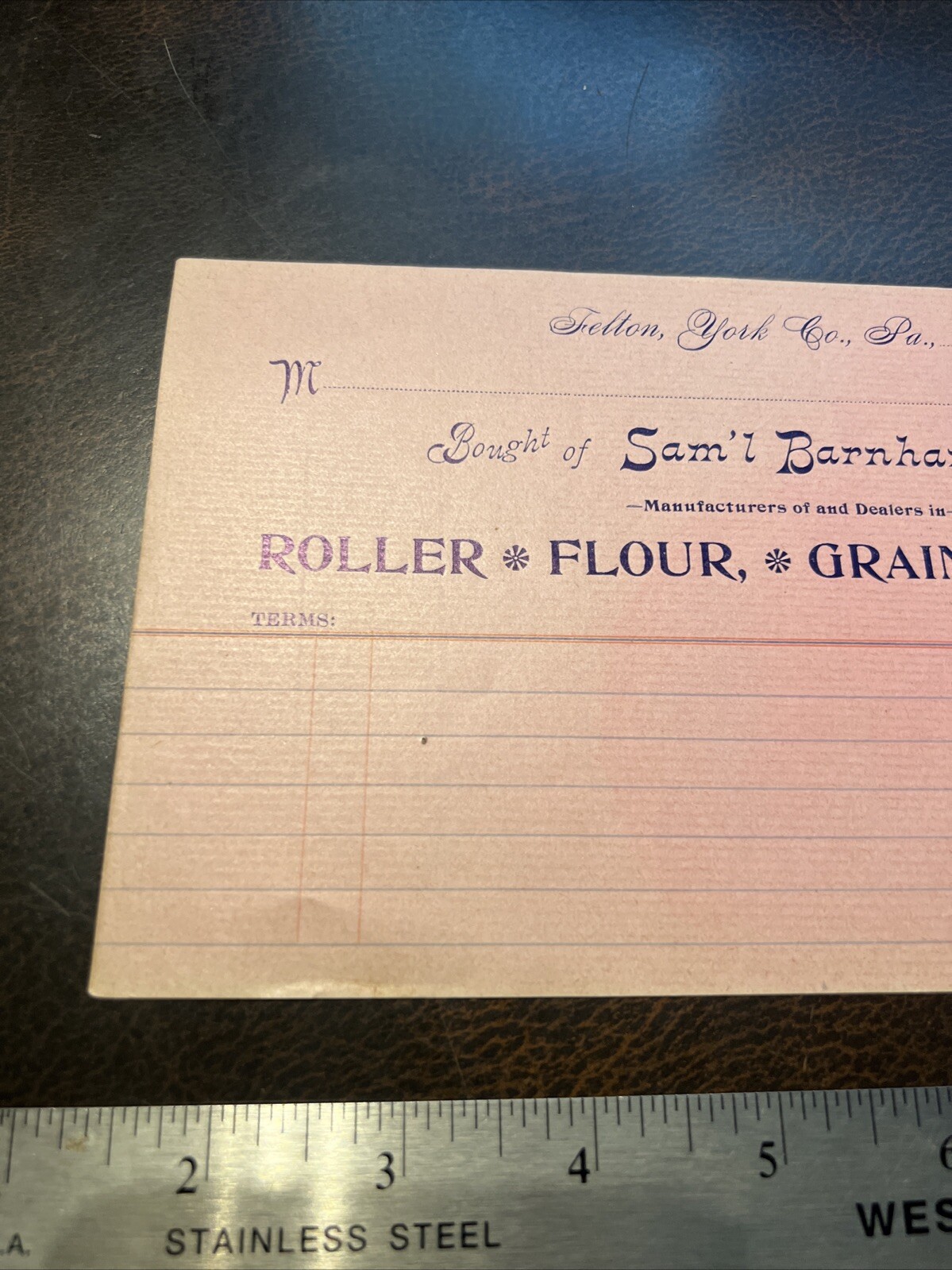 1890s Felton York Pa Barnhart & Son Feed Mill Receipt