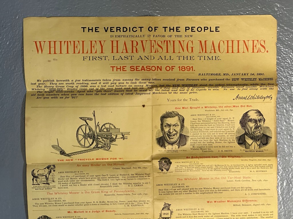 1891 Amos WHITELEY Farm HARVESTING MACHINES Mower Binder Advertising Circular