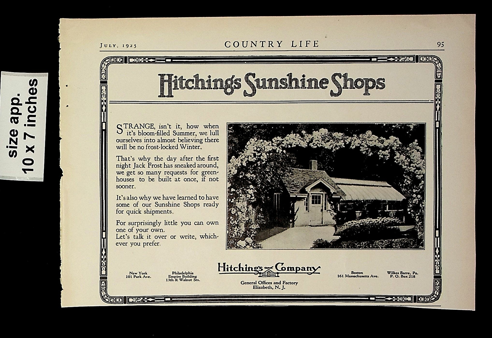 1925 Hitchings Sunshine Shops Greenhouses Gardening Vintage Print ad 015017