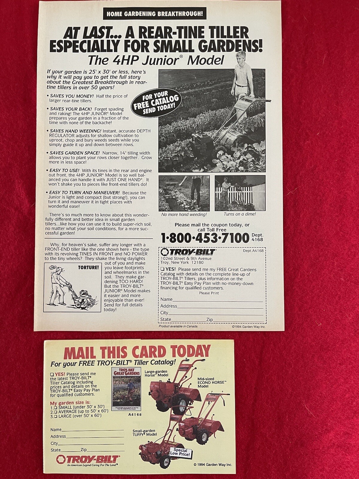 Vintage 1994 Troy Bilt 4HP JR Tiller Print Ad