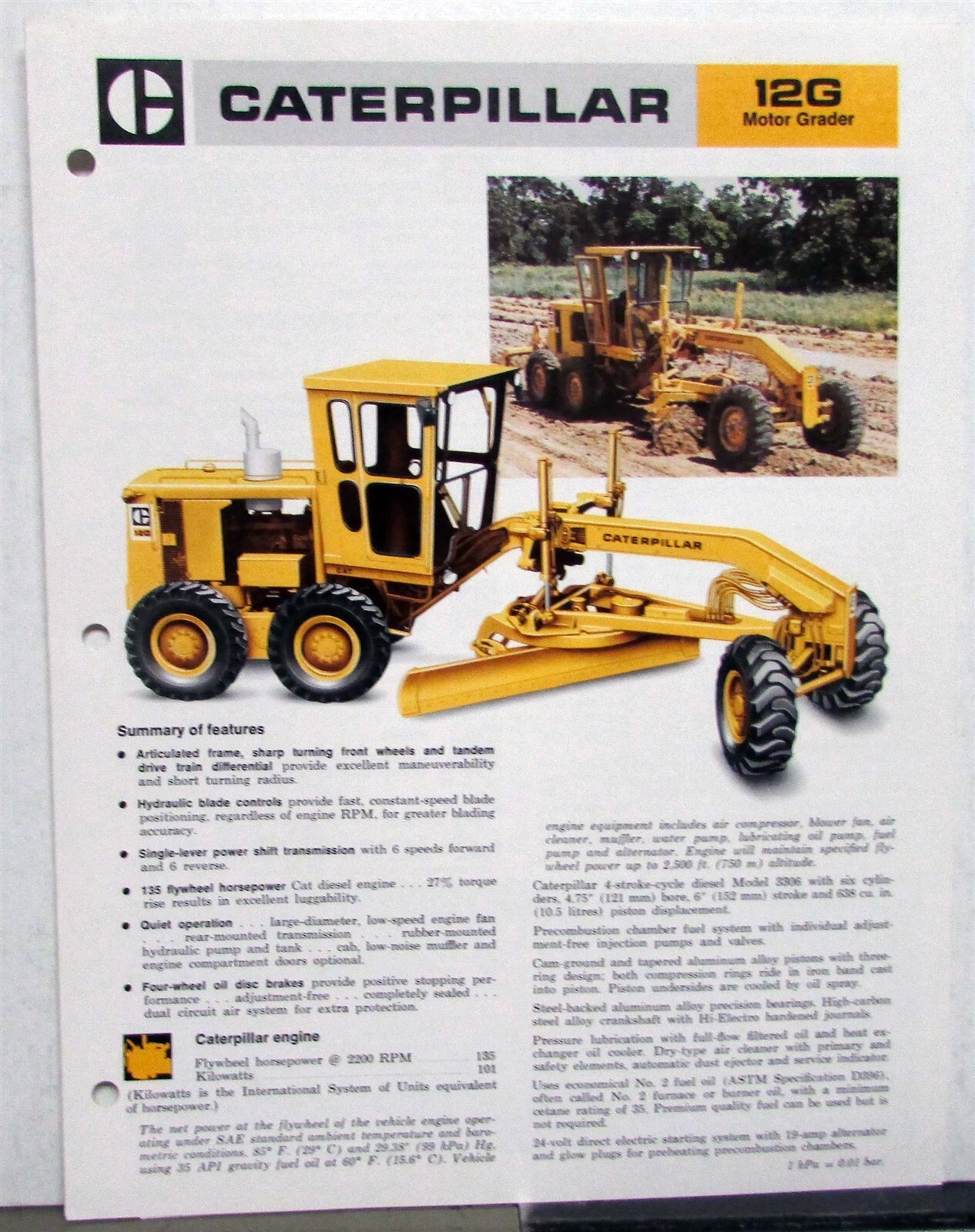 1975 CAT No 12G Road Motor Grader Construction Specifications Sale Tri-Folder
