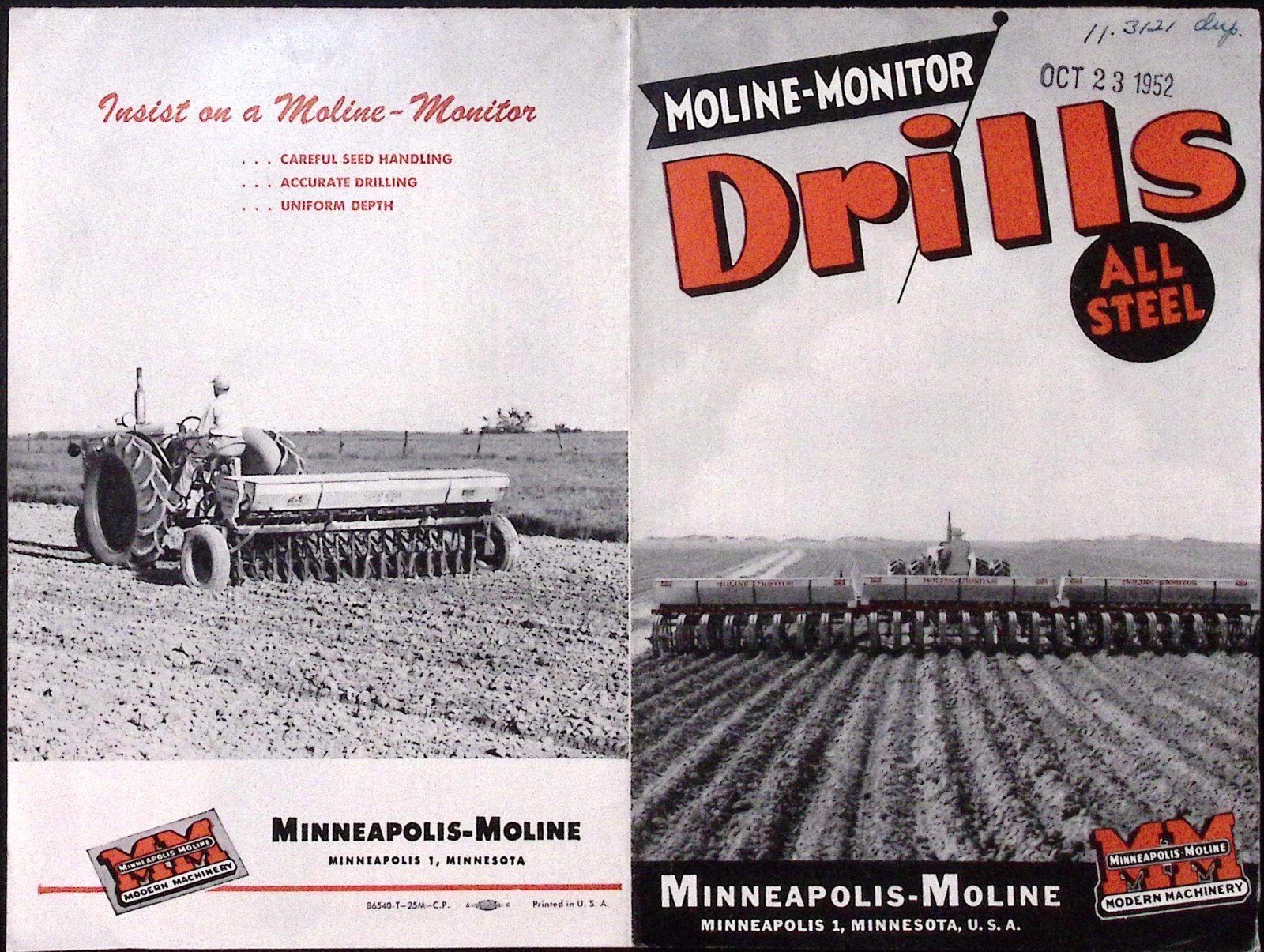 1952 Minneapolis Moline Monitor All Steel Fertilizer Drills Dealer Brochure
