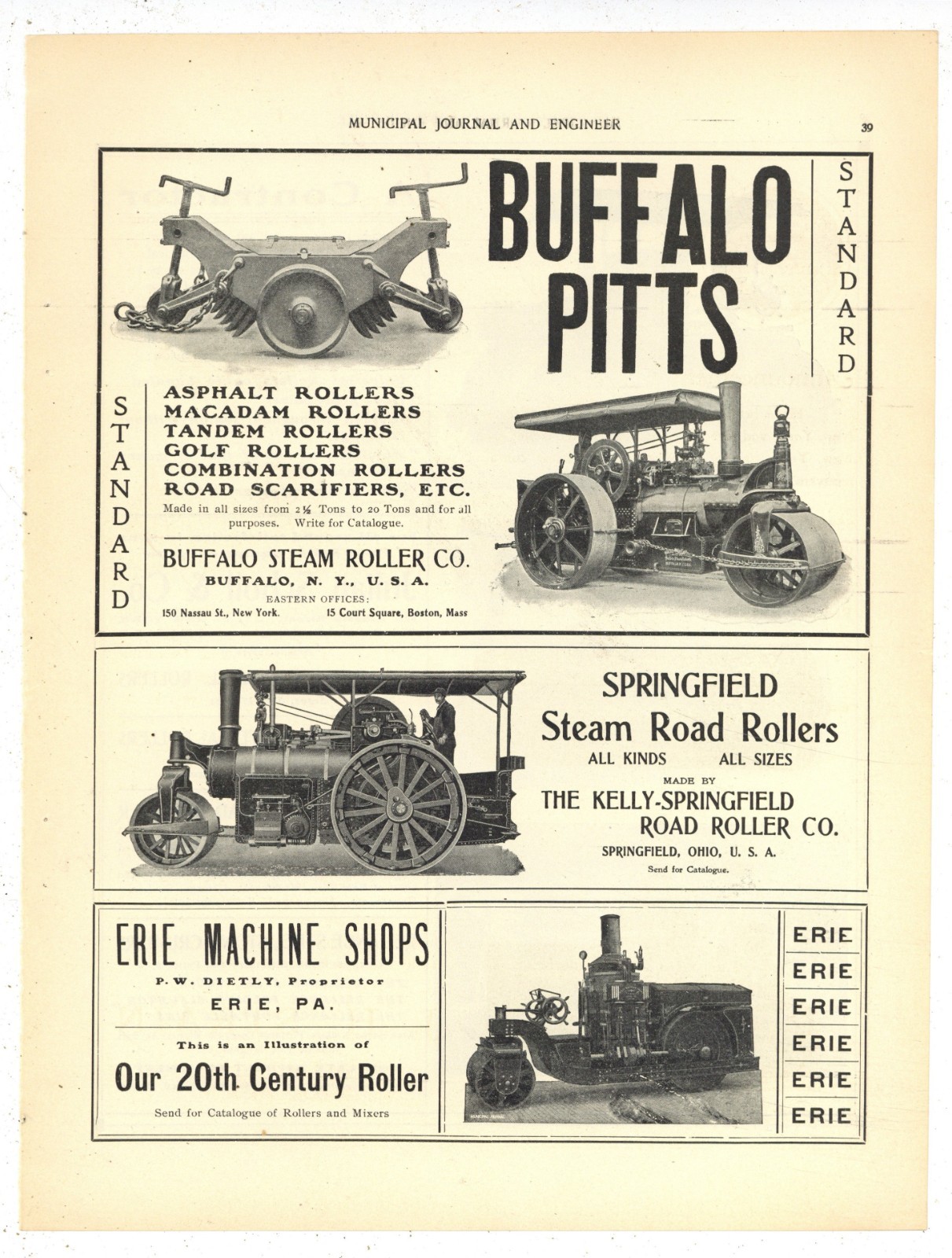 1905 Steam Roller Ads F&B of Pg: Buffalo Pitts, Scholl, Springfield, Erie COOL!