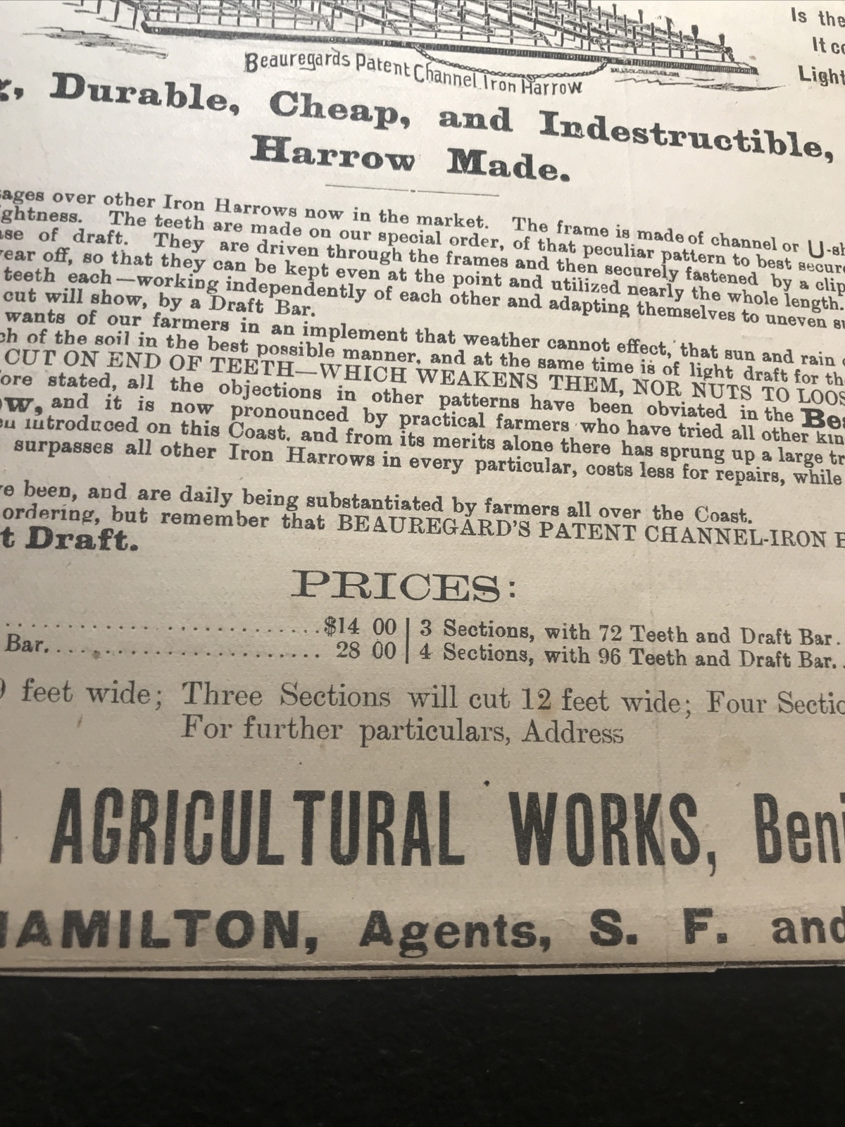1882 Beauregard Harrow Farm Advertising – San Benicia – California