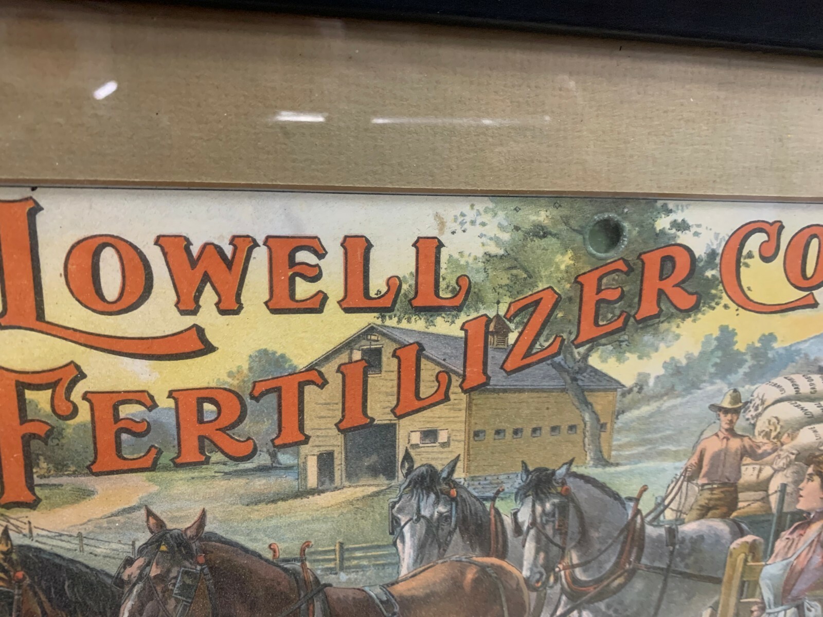 Rare Vintage Lowell Fertilizer Co. Litho Framed Sign FARM GAS OIL SODA COLA 17&Prime;