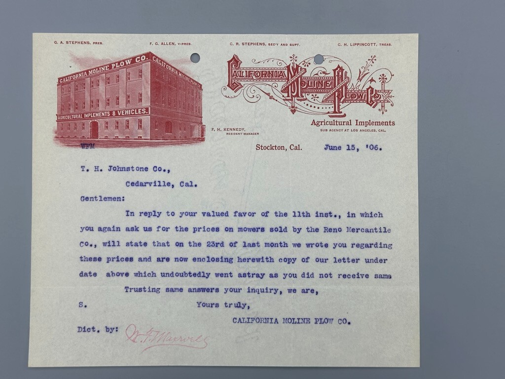 1906 CALIFORNIA MOLINE PLOW Co FARM Advertising Letter STOCKTON Antique