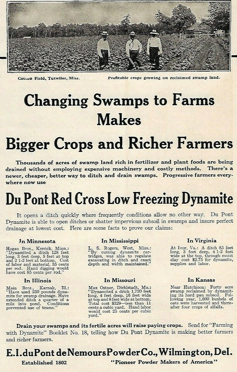 SCARCE 1912 AD for DuPont DYNAMITE ~ CHANGING SWAMPS TO FARMS ~ TUTWILER, MS