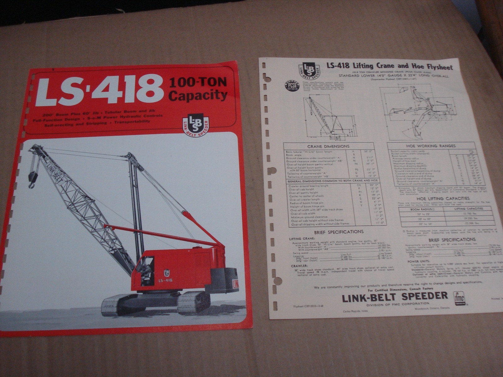 Link-Belt Speeder LS-418 100 Ton Lift Crane Brochure & Flysheet 1968