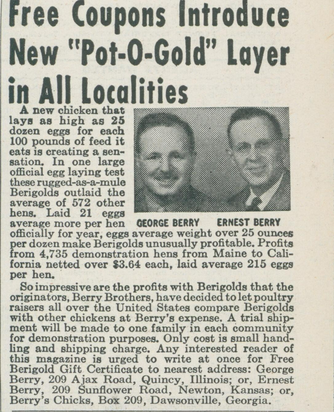 1955 Pot O Gold Layer Chickens George Ernest Berry Coupon Vintage Print Ad FJ1