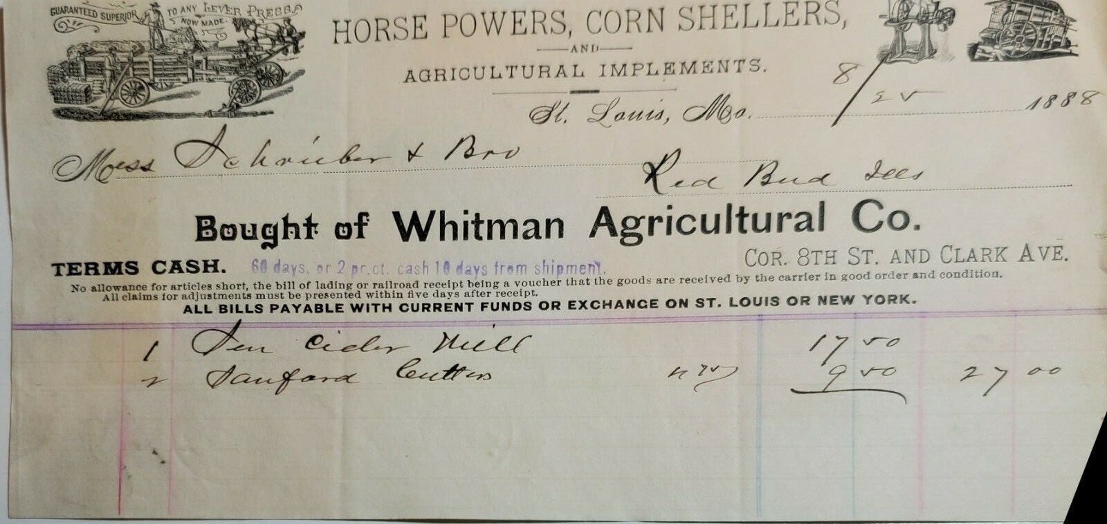 FARM IMPLEMENTS LETTERHEAD BILLHEAD WHITMAN AGRICULTURAL CO. Horse Corn Sheller