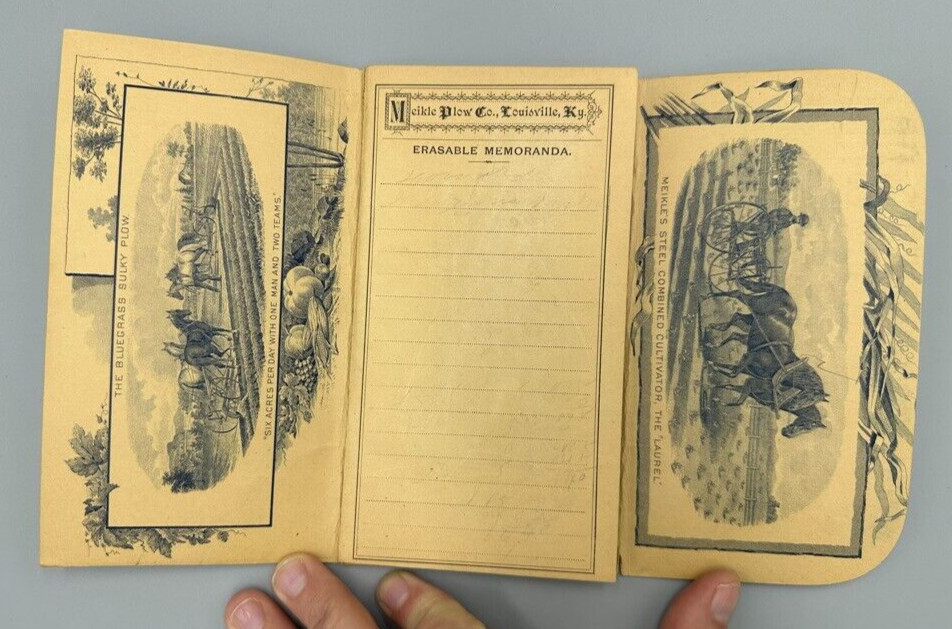 Rare 1887 MEIKLE PLOW Machinery FARM Pocket Ledger LOUISVILLE KY Advertising