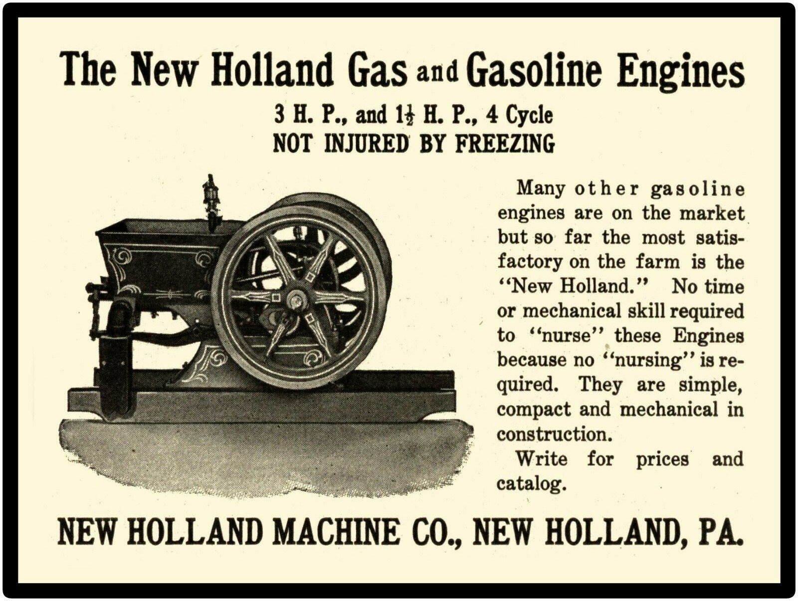 1910 New Holland Machine Co. New Metal Sign: Gasoline Engines in 3 HP Rating