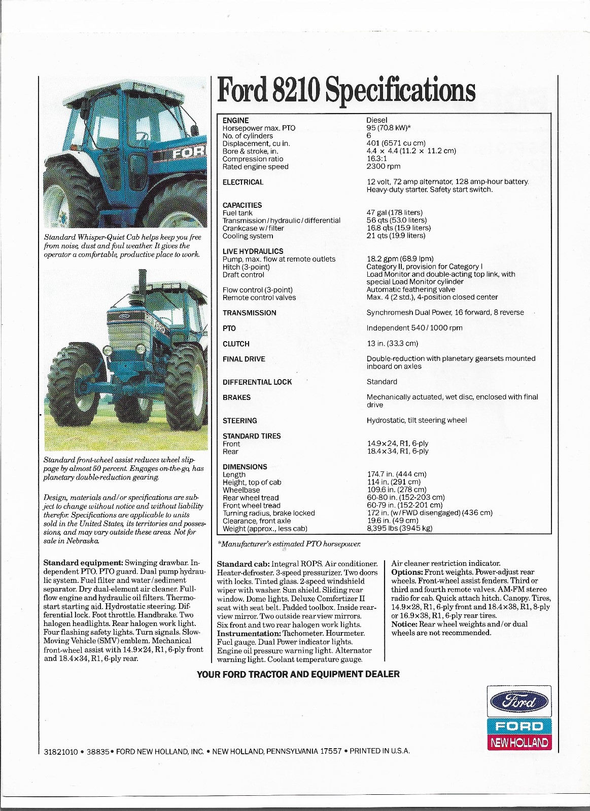 Original OEM 95hp 8210 Ford Tractor Dealer Sales Brochure Specs Sheet 31821010