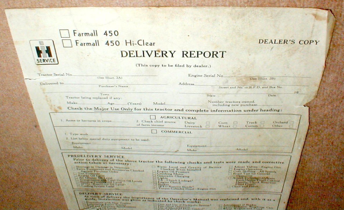 Farmall 450 + 450 Hi-Clear Tractor Blank Delivery Report Dealer&rsquo;s Copy