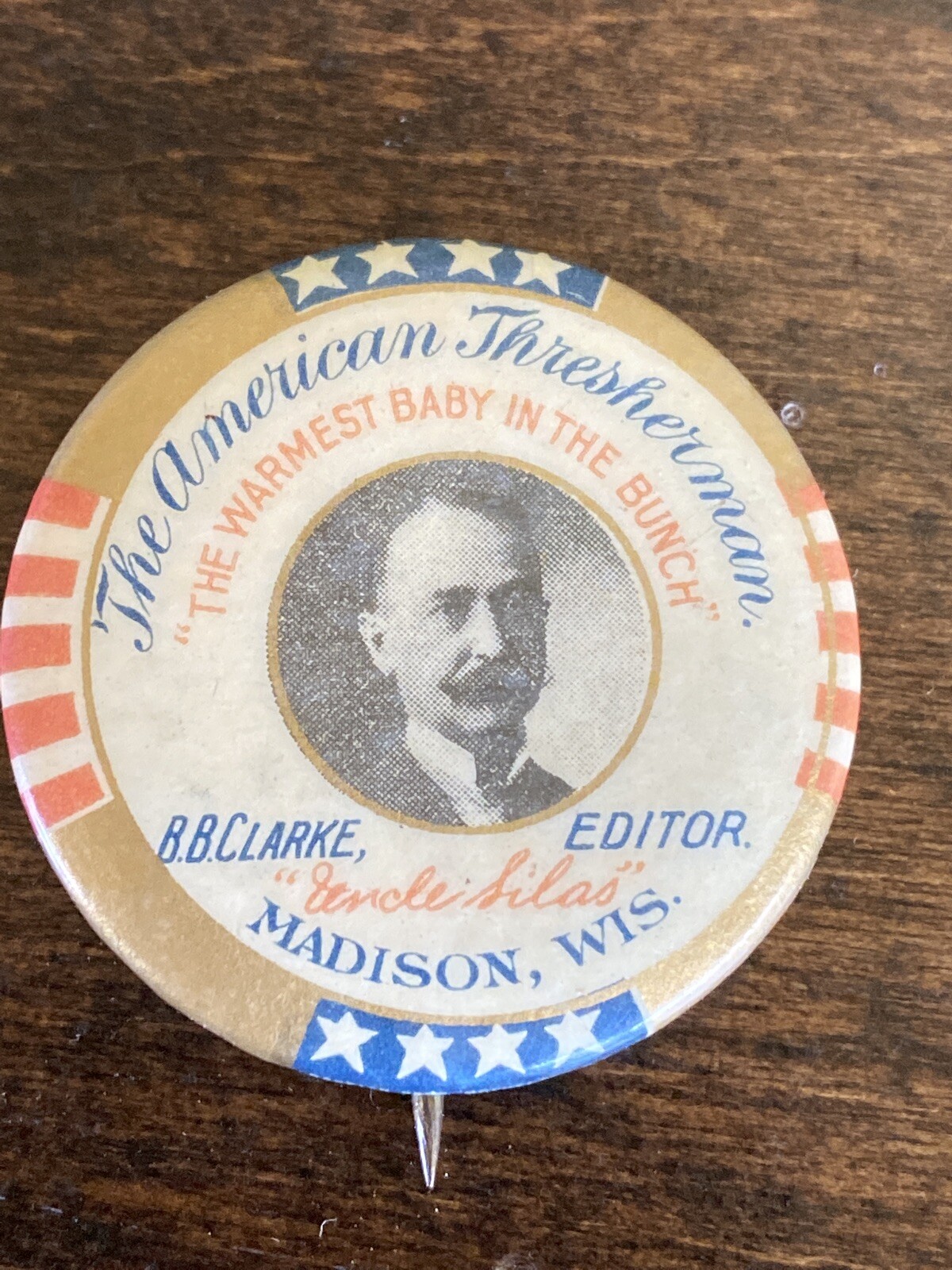 Antique The American Thresherman Magazine Ad Pinback Button Madison WI Farm Ag