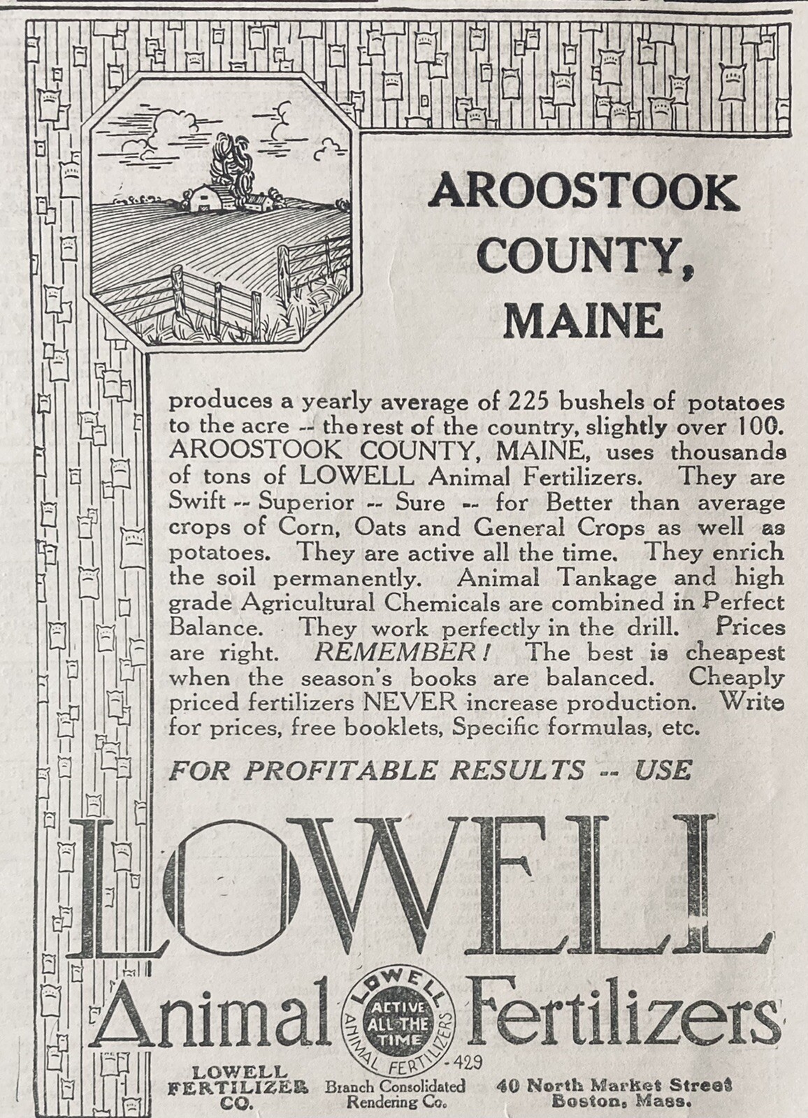 1928 AD.(XH40)~LOWELL FERTILIZER CO. BOSTON. LOWELL ANIMAL FERTILIZER’S