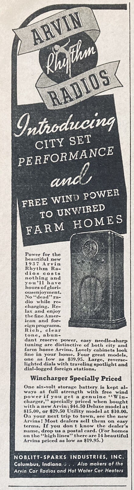 1936 AD(XH30)~NOBLITT-SPARKS INDUSTRIES, COLUMBUS, IND. 1937 ARVIN RHYTHM RADIOS