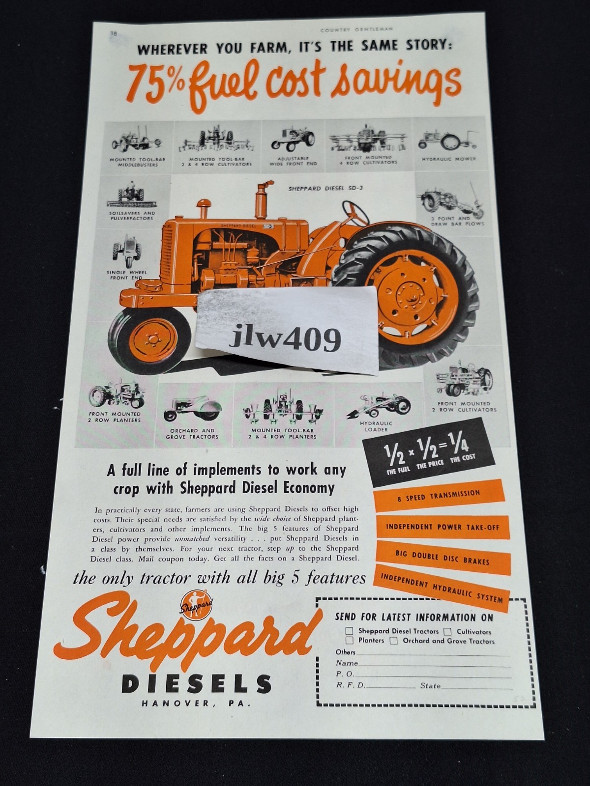 1952 SHEPPARD DIESEL TRACTOR Original Print Ad Magazine Ad 7.5&Prime;x13&Prime;