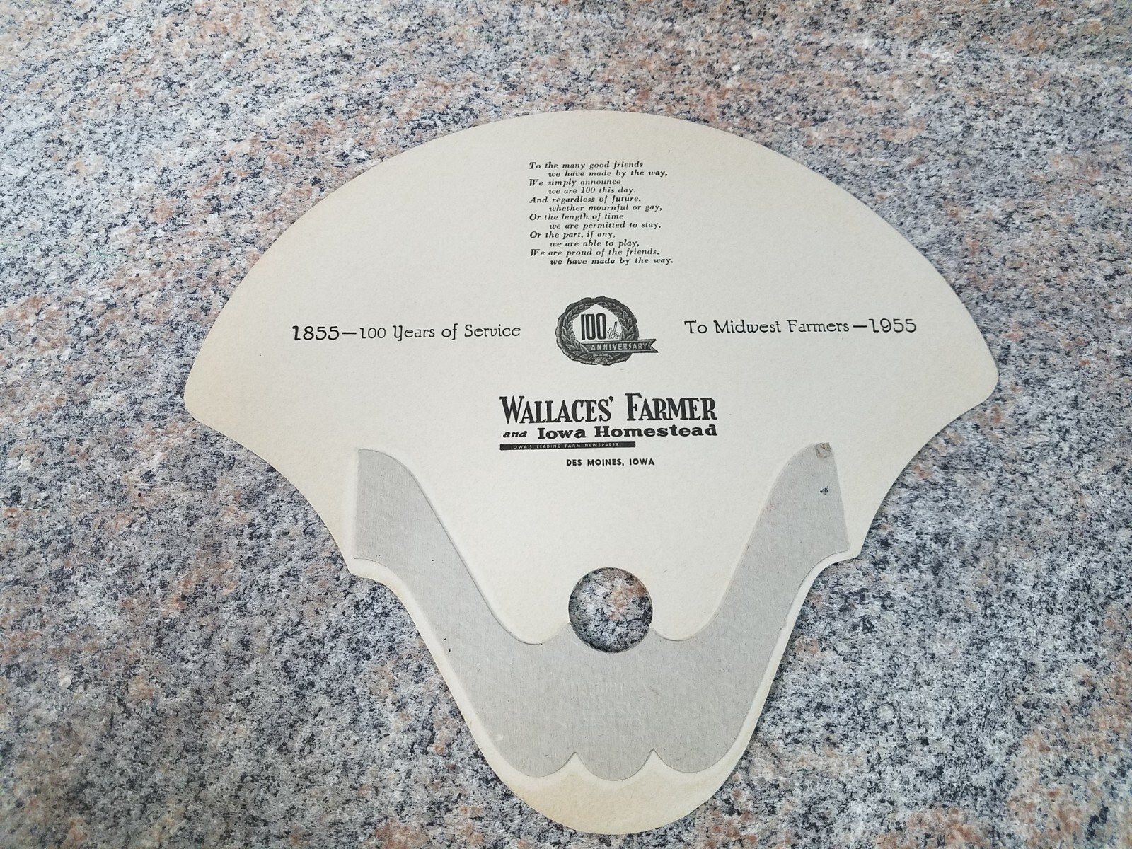 VINTAGE WALLACES&rsquo; FARMER 100TH ANNIVERSARY HAND HELD FAN, DES MOINES, IOWA, 1955
