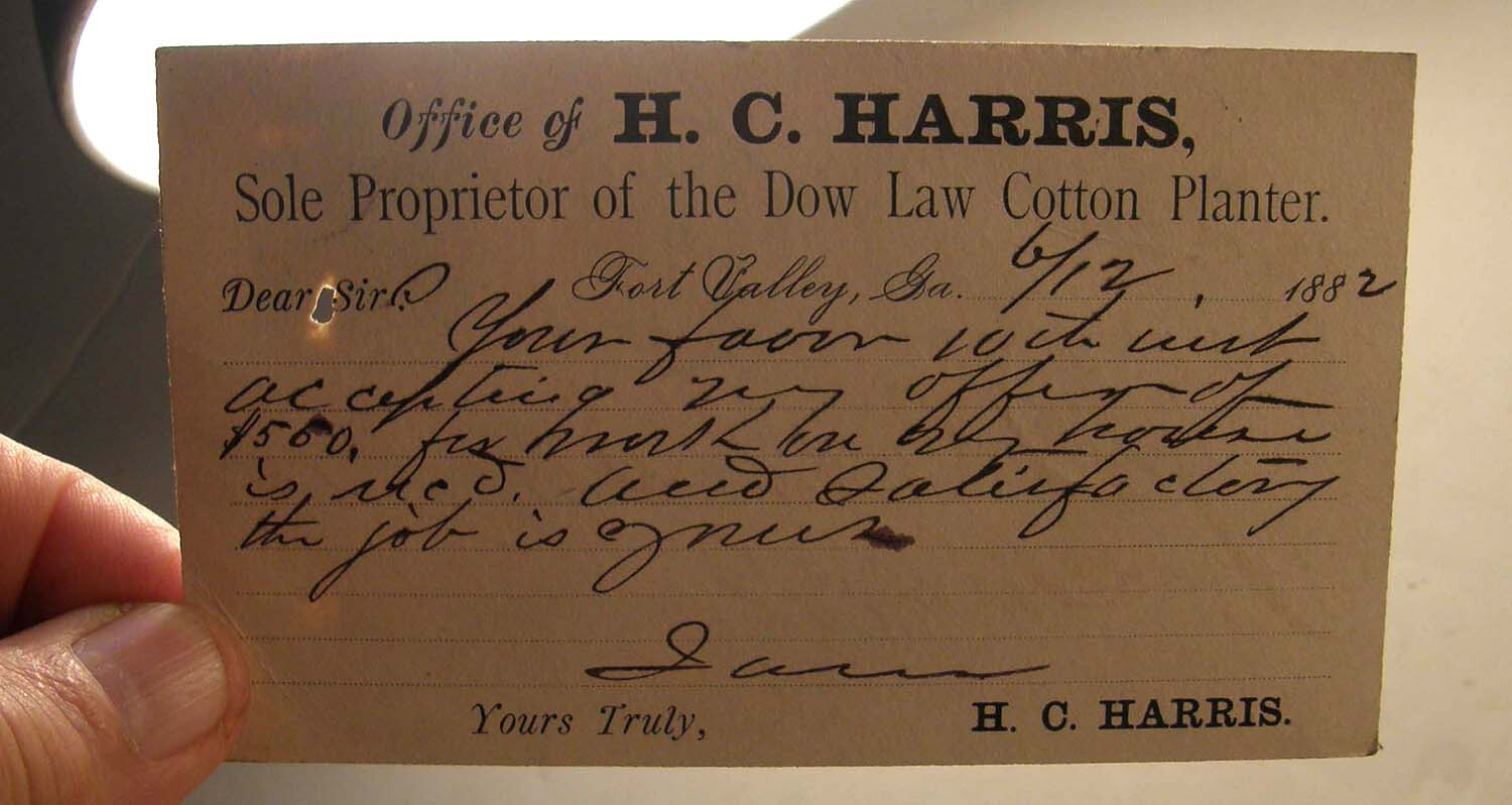 ANTIQUE 1882 POSTCARD H C HARRIS DOW LAW COTTON SEED PLANTER FORT VALLEY GA