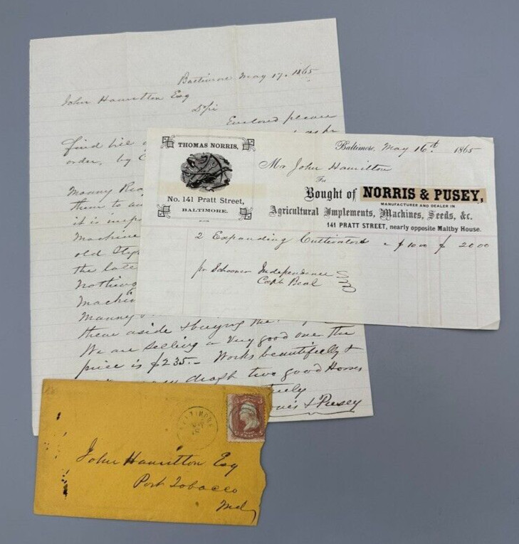 1865 Norris FARM Machinery Seeds Advertising Billhead BALTIMORE Postal Cover