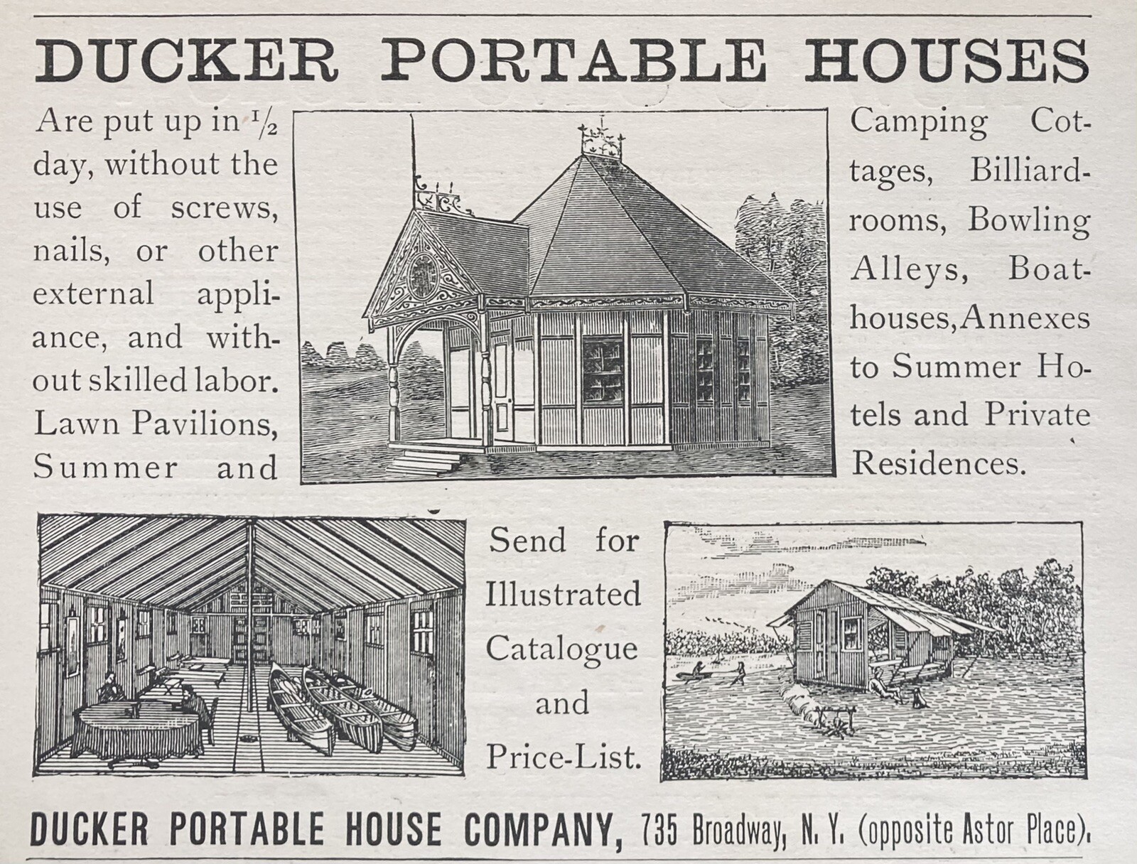 1889 AD.(XH6)~DUCKER PORTABLE HOUSE CO. BROADWAY, NY. CAMPING, COTTAGES