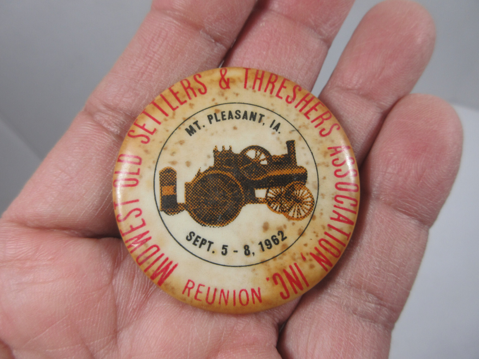 vintage lot 3 Iowa Midwest Old & Threshers badge pin buttons farm steam tractor