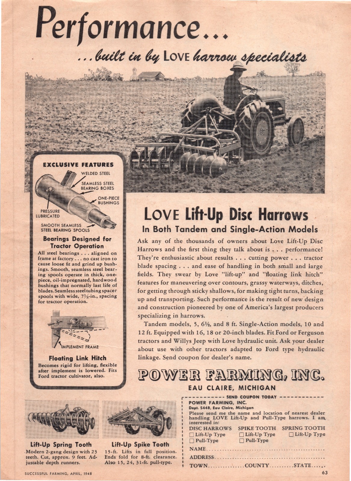 1948 Power Farming Love Lift-up Disc Harrow Michigan 40&rsquo;s Vintage Print Ad