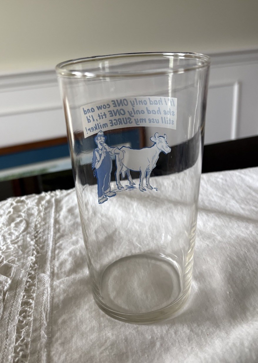 Vintage Surge Milker Dairy Advertising Drinking Glass Farmer Cow One Tit Slogan