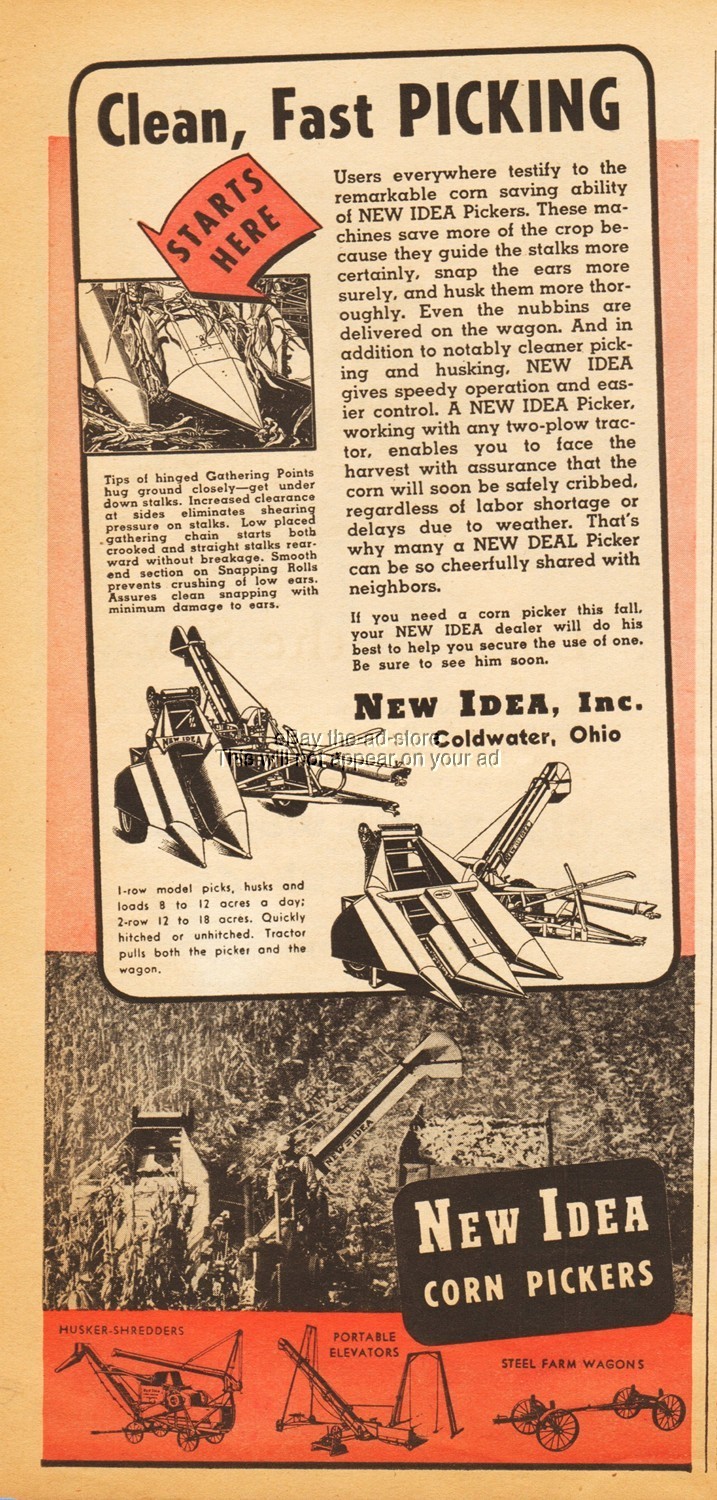 1944 New Idea Corn Pickers Vintage Ad Farm Tractor Implement Coldwater Ohio